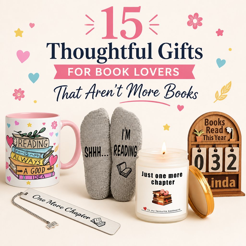 15 thoughtful gifts for book lovers that aren't more books: mug, socks, candle, bookmark, calendar
